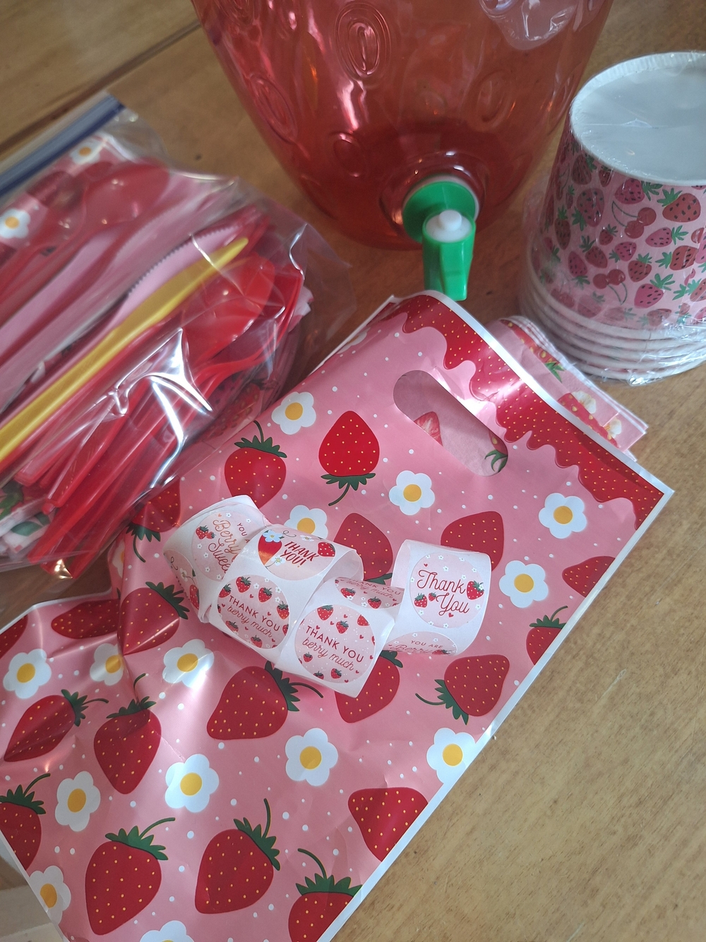Strawberry Birthday Party Favor Bags, Plates, Napkins & Cups Set - Pink